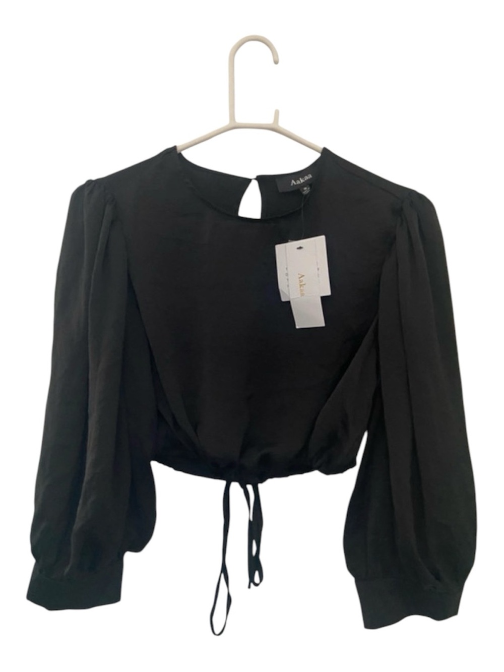 Aakaa Black Puff-Sleeve Tie-Front Blouse